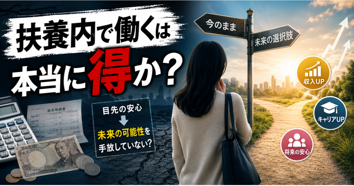 扶養の範囲内で働く女性が収入と社会保険の損得を考えているアイキャッチ画像