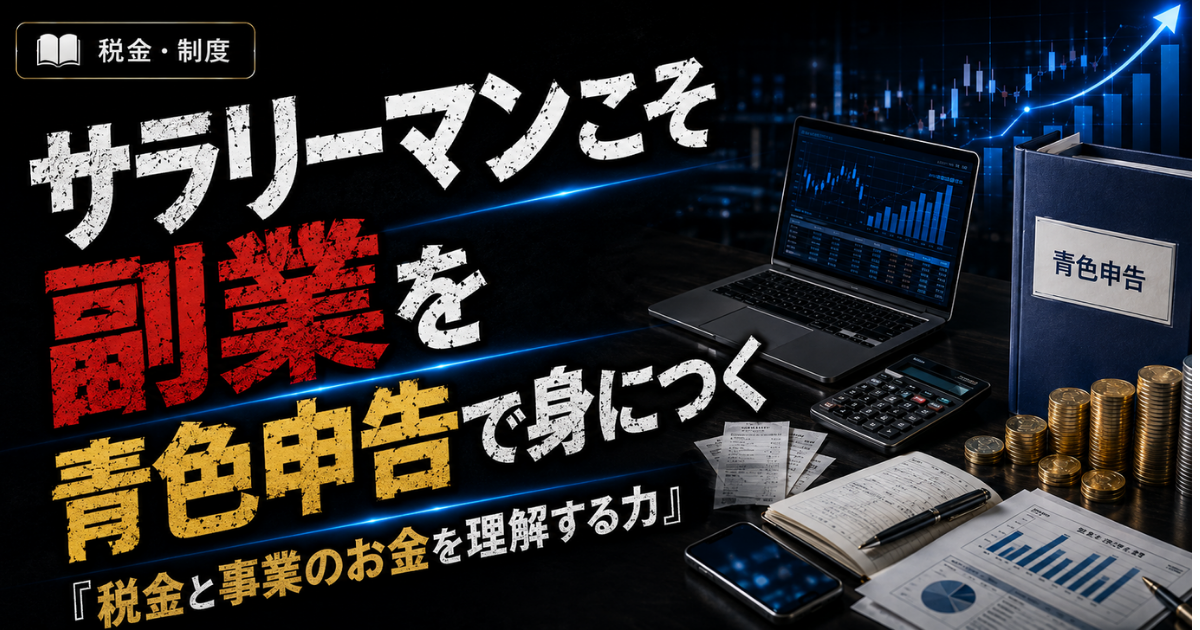 サラリーマンの副業と青色申告をテーマに、帳簿・電卓・パソコン・金貨を配置したMoney Compassのアイキャッチ画像