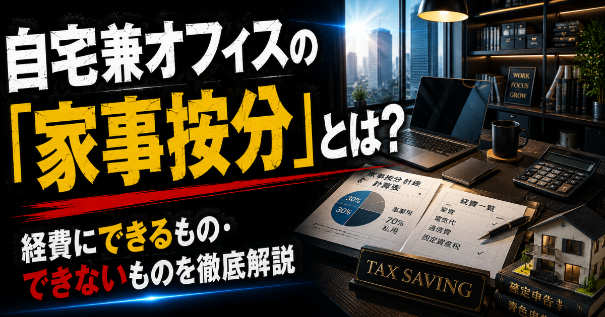 自宅兼オフィスの家事按分について、家賃・電気代・通信費など経費にできるものとできないものを解説するMoney Compassのアイキャッチ画像