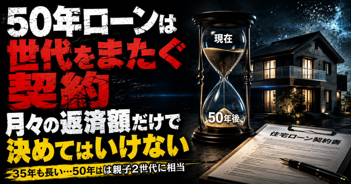 50年ローンは世代をまたぐ契約。住宅ローン契約書と砂時計、住宅をモチーフに、長期ローンのリスクと時間の重みを表現したアイキャッチ画像。