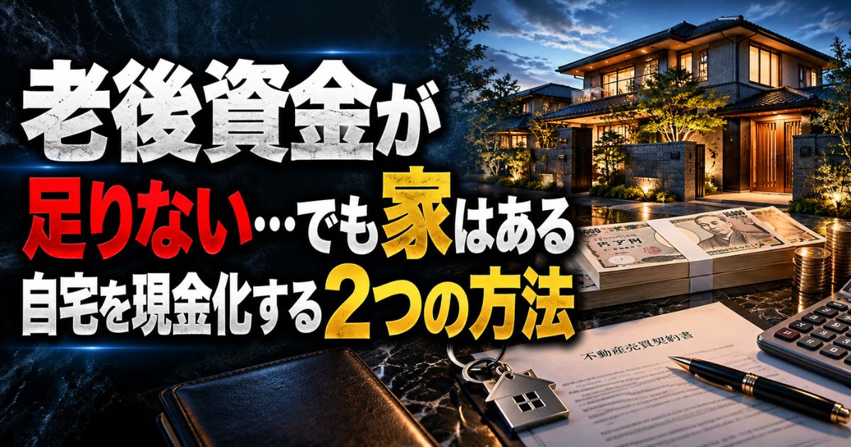 老後資金が足りないときに自宅を現金化する2つの方法を解説するMoney Compassのアイキャッチ画像。住宅、現金、不動産売買契約書、鍵、電卓を配置。
