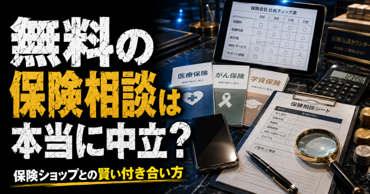 保険相談の比較表やパンフレット、電卓、虫眼鏡を配置した「無料の保険相談は本当に中立？」のイメージ