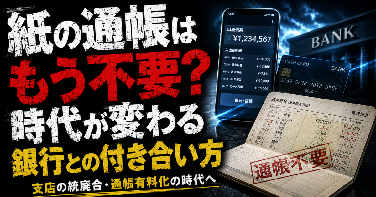 紙の通帳は本当に必要かをテーマに、紙の通帳とスマートフォンを対比し、インターネットバンキング時代の銀行との付き合い方を表現したアイキャッチ画像。