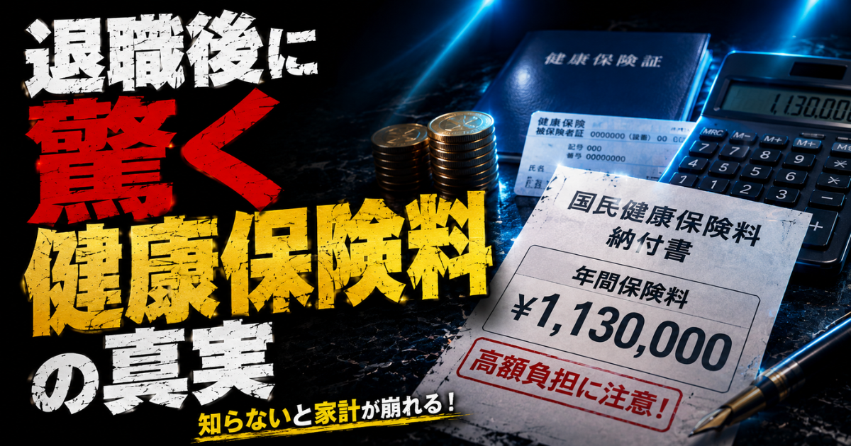 退職後の国民健康保険料の負担増をテーマにしたMoney Compassの記事アイキャッチ。健康保険証、納付書、電卓を背景に、退職後の健康保険料の真実を解説。