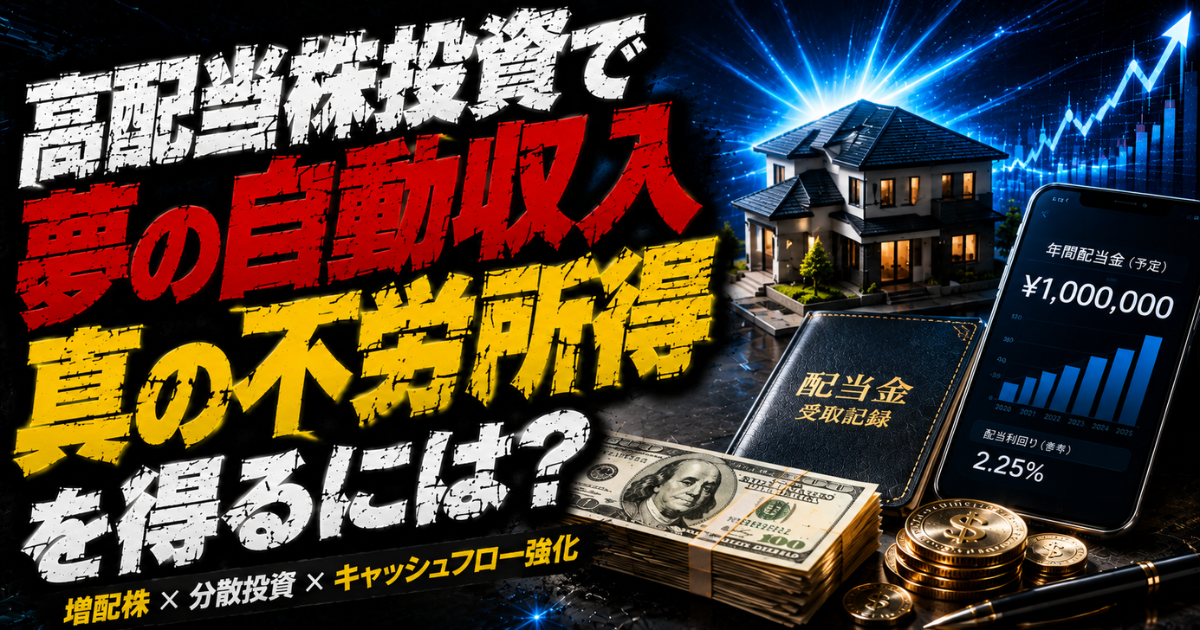 高配当株投資で配当収入を得る仕組みを表したイメージ。株価チャート、配当金、資産形成を象徴するビジュアル